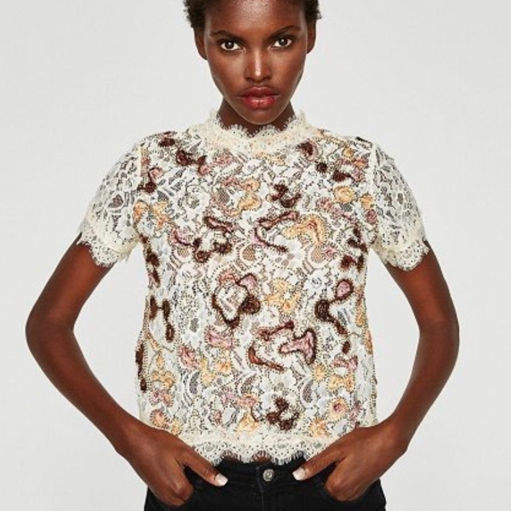Zara Ecru Multicolored Lace Top Small embroidered